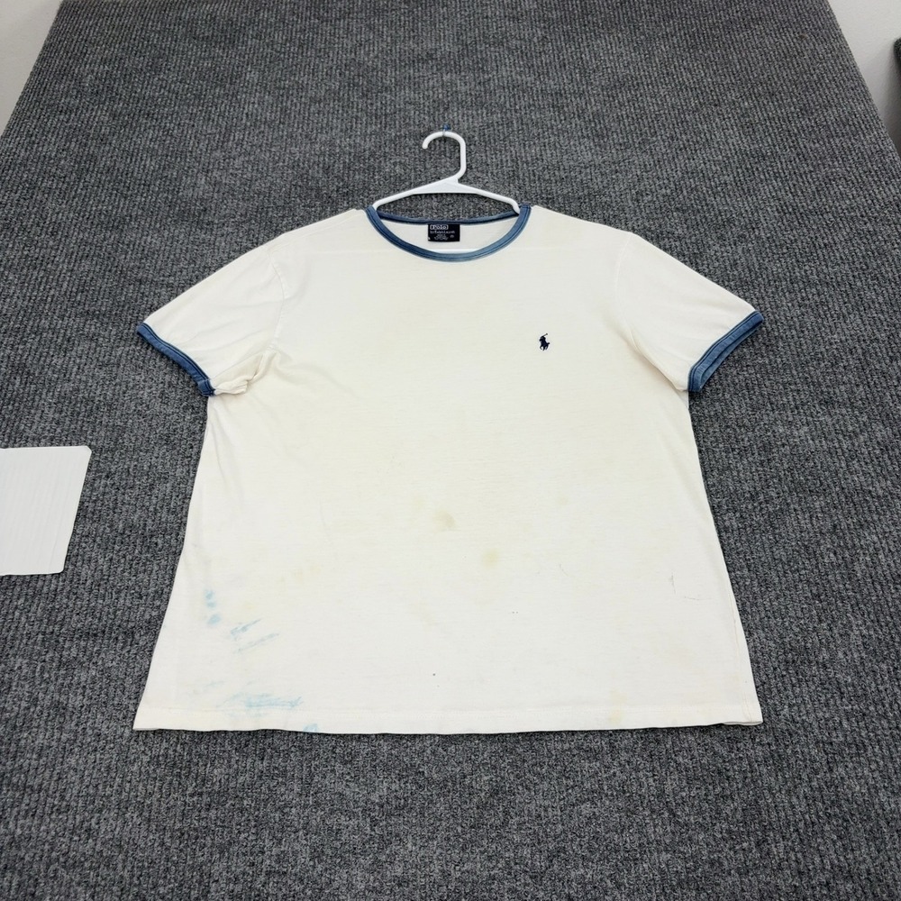 Polo Ralph Lauren T Shirt Mens M Cream Cotton Ringer Pony Logo Casual Style